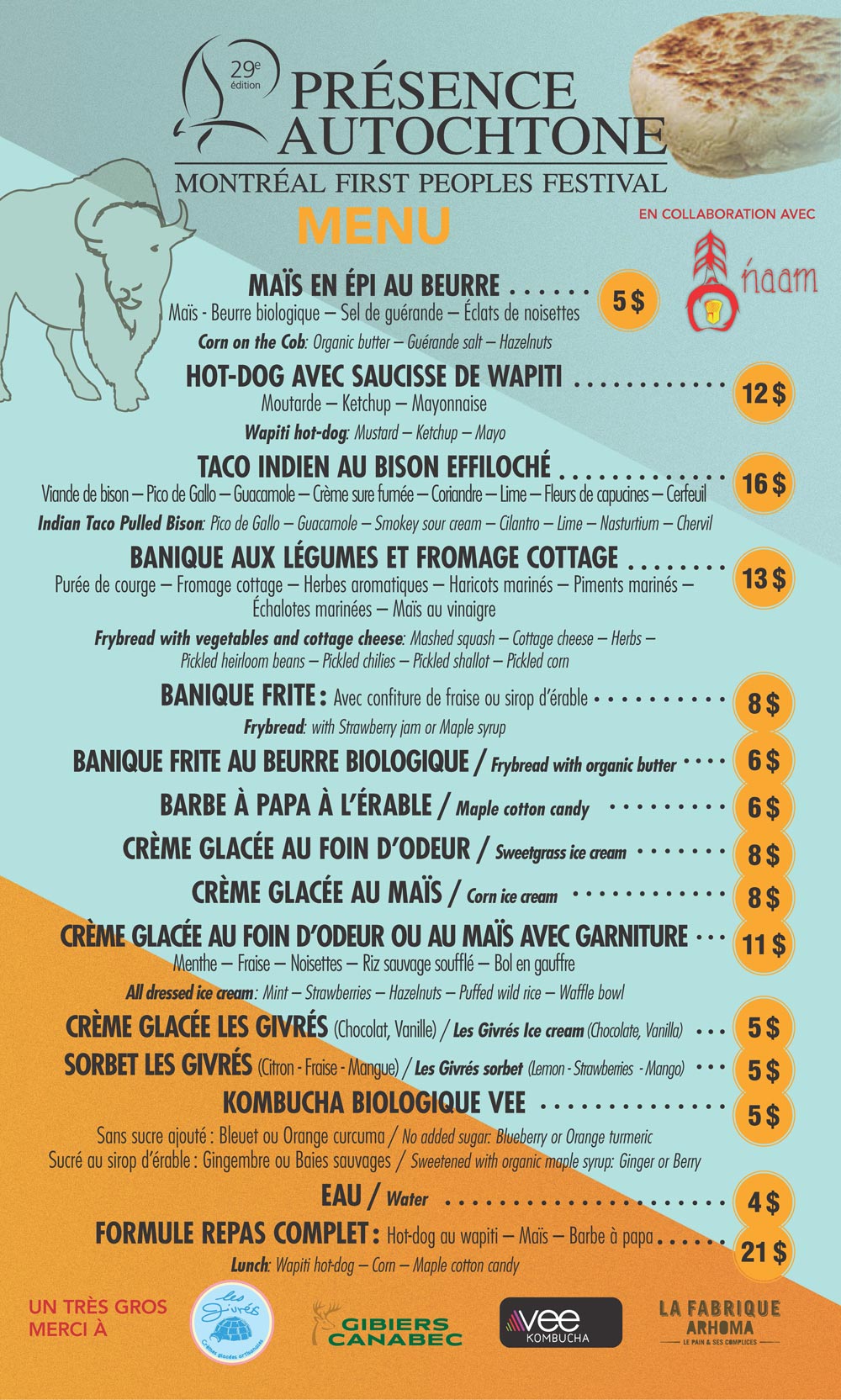 Présence autochtone - Gastronomie menu